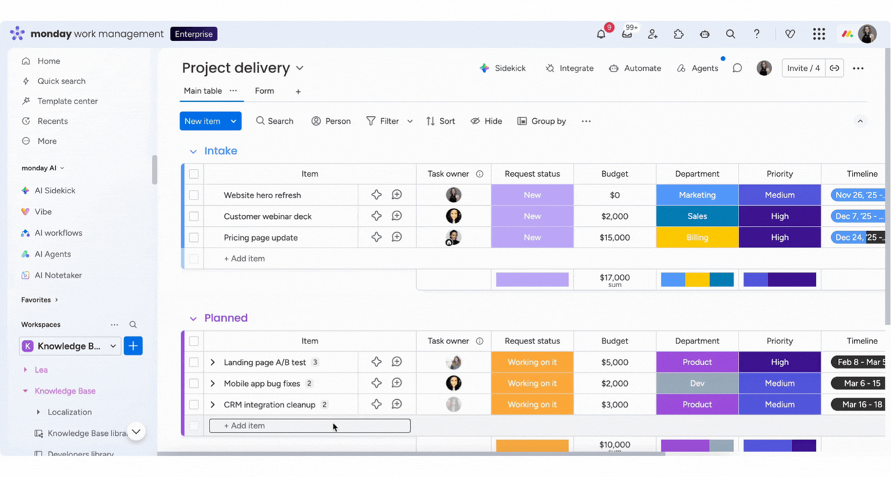 Giao diện monday.com hiển thị board quản l&yacute; c&ocirc;ng việc, dashboard v&agrave; automation cho doanh nghiệp